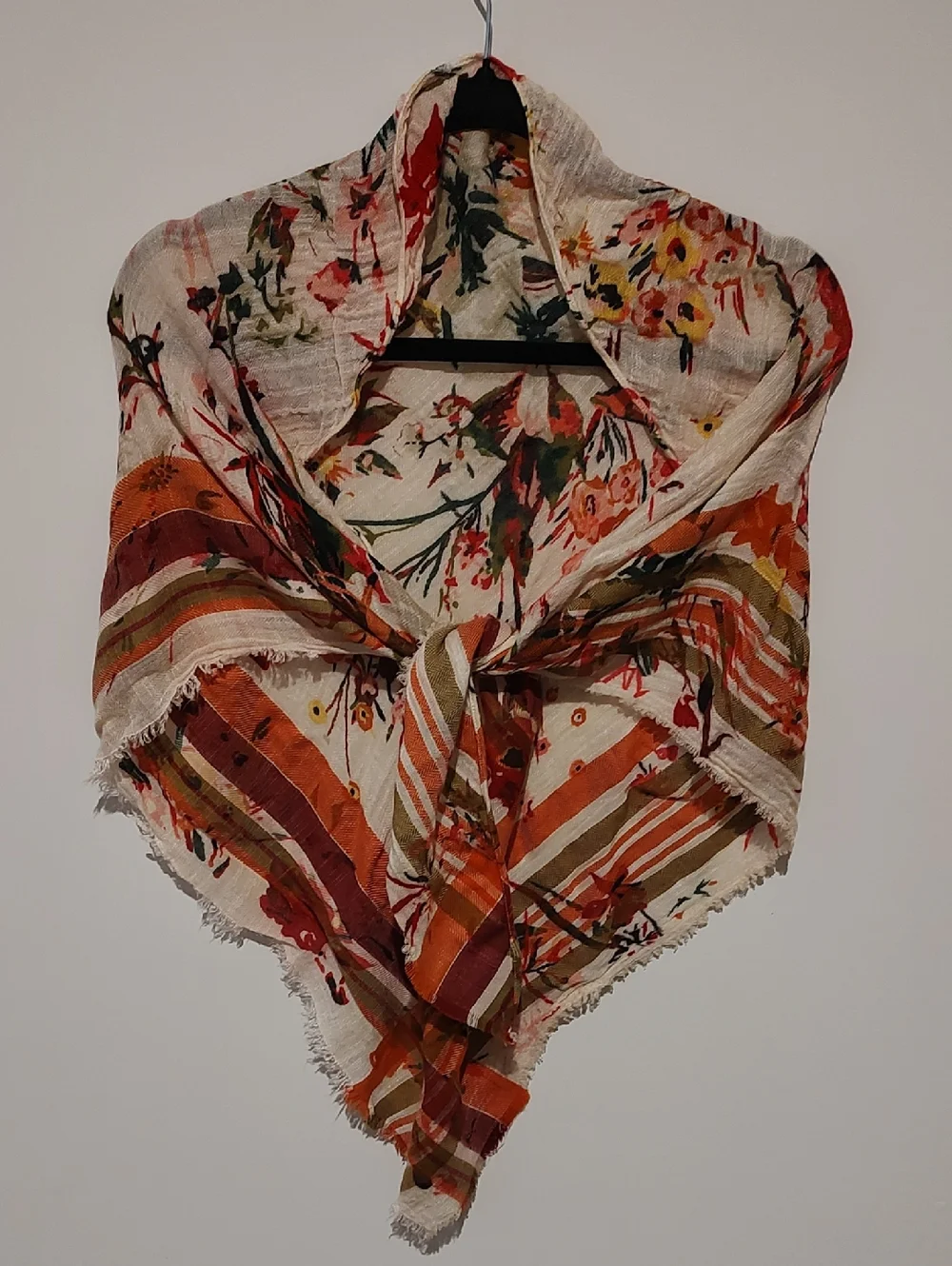 J. Jill Cream Scarf Rust Orange, Olive Floral Pattern Feminine Casual Soft Boho